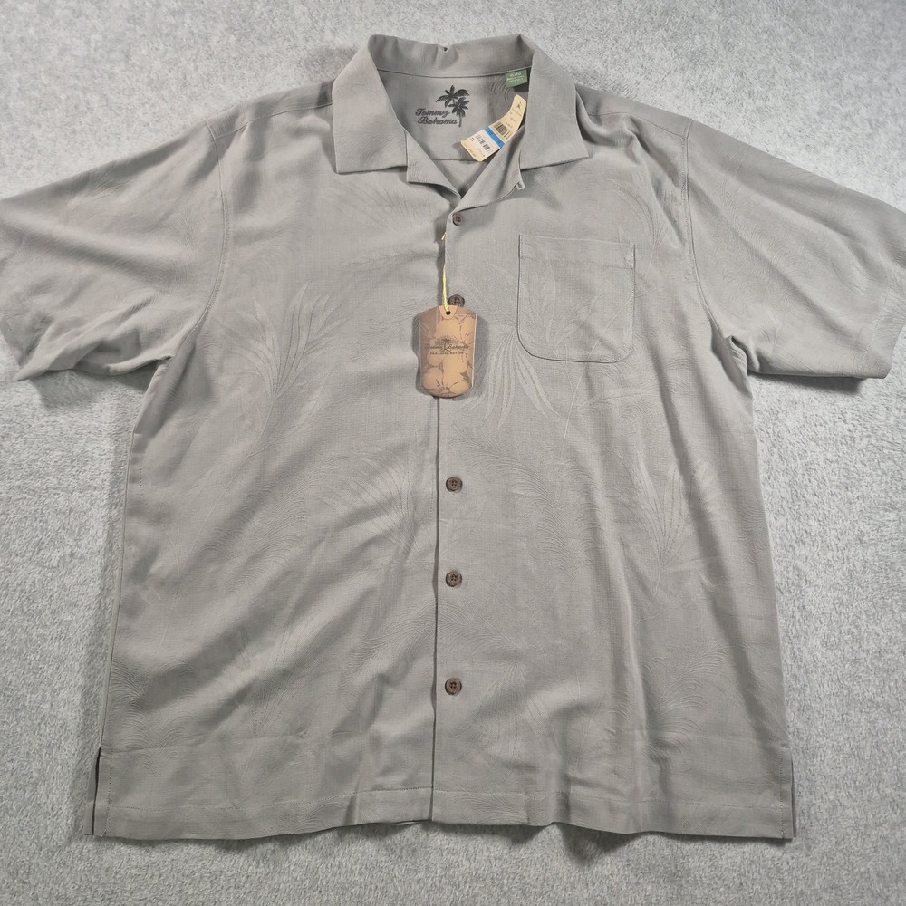 Tommy Bahama Gingko-Tini Silk Shirt XL Fossil Grey NWT $98